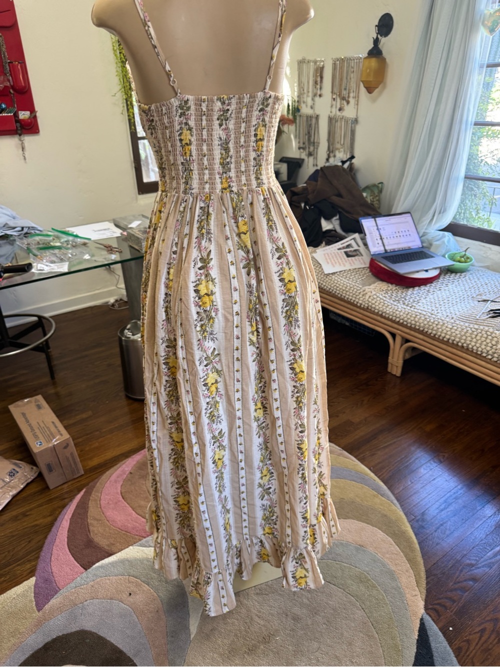 Floral Smocked Bodice Spaghetti-Strap Maxi Dress in Beige and Yellow size M - Picture 8 of 11